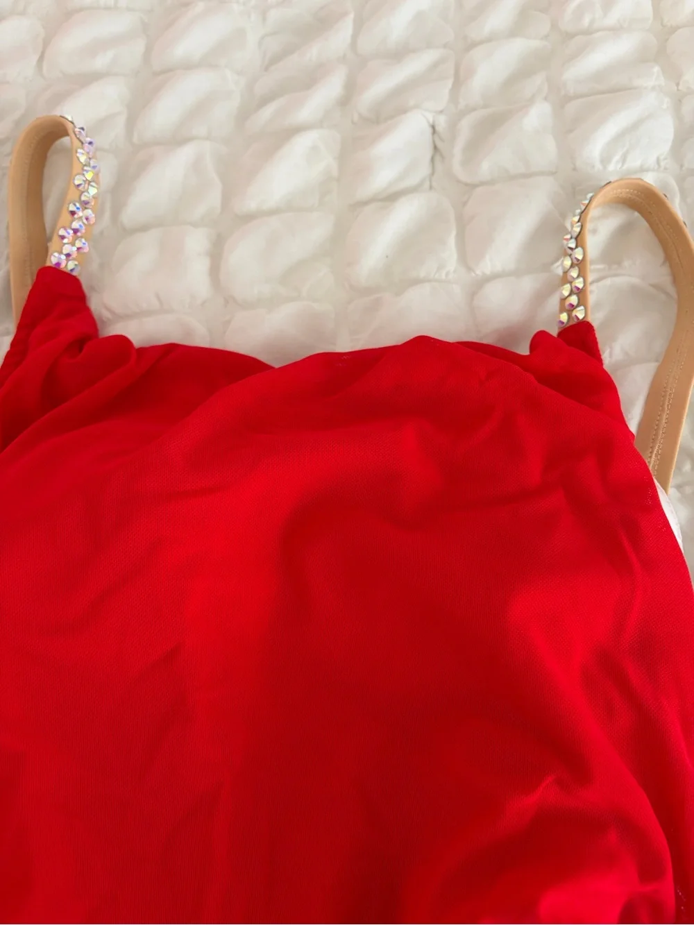 Red Draped Dance Dress with custom Rhinestone Straps.
